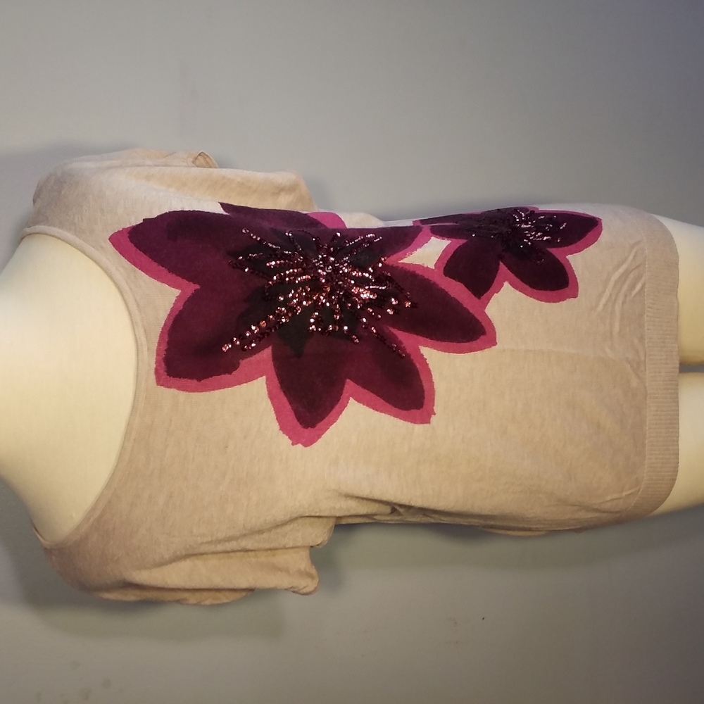 3/$25 INC Sleeveless SWEATER L Sequins Tan with Mulberry Flower Drop Shoulder